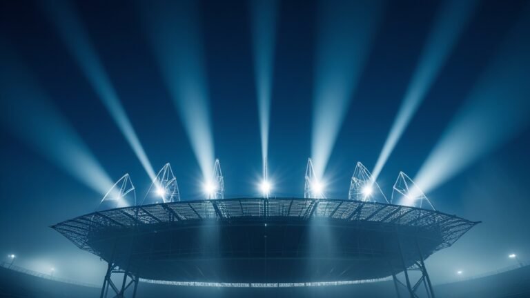Tháp đèn chiếu sáng sân vận động Champions League về đêm